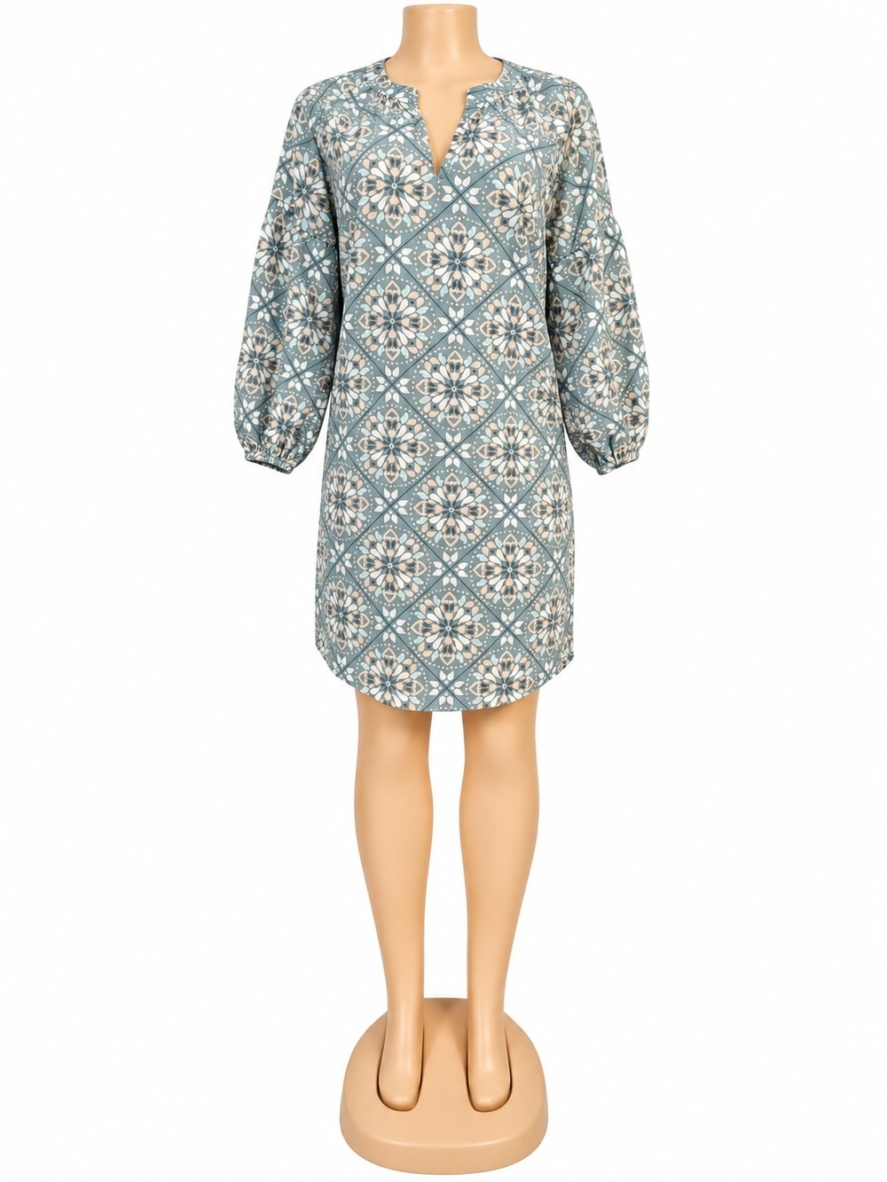 LOFT Dusty Blue Tile-Print Long Sleeve Tunic Dress